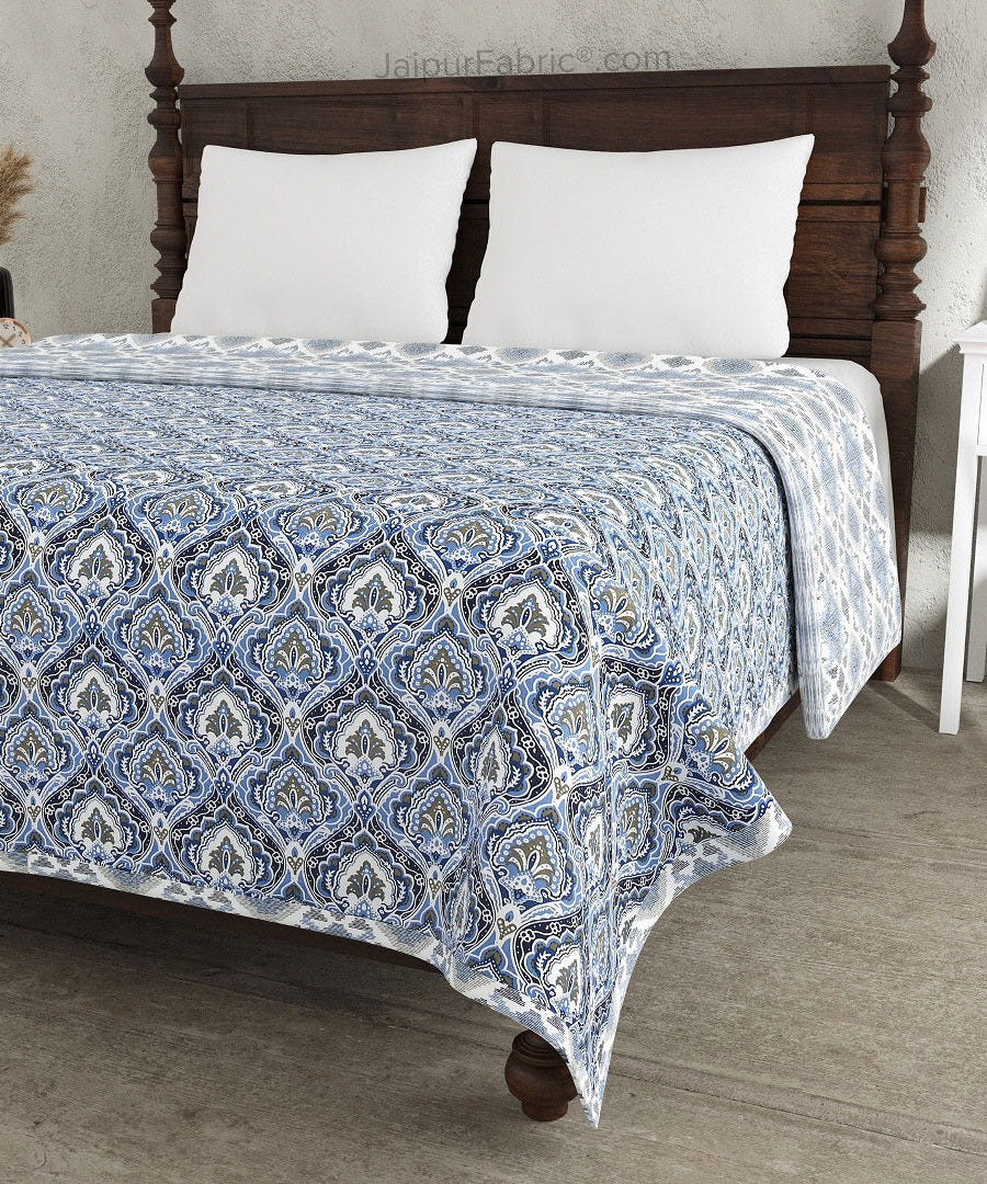 Ocean Whisper Blue and White Cotton Reversible Double Bed Dohar
