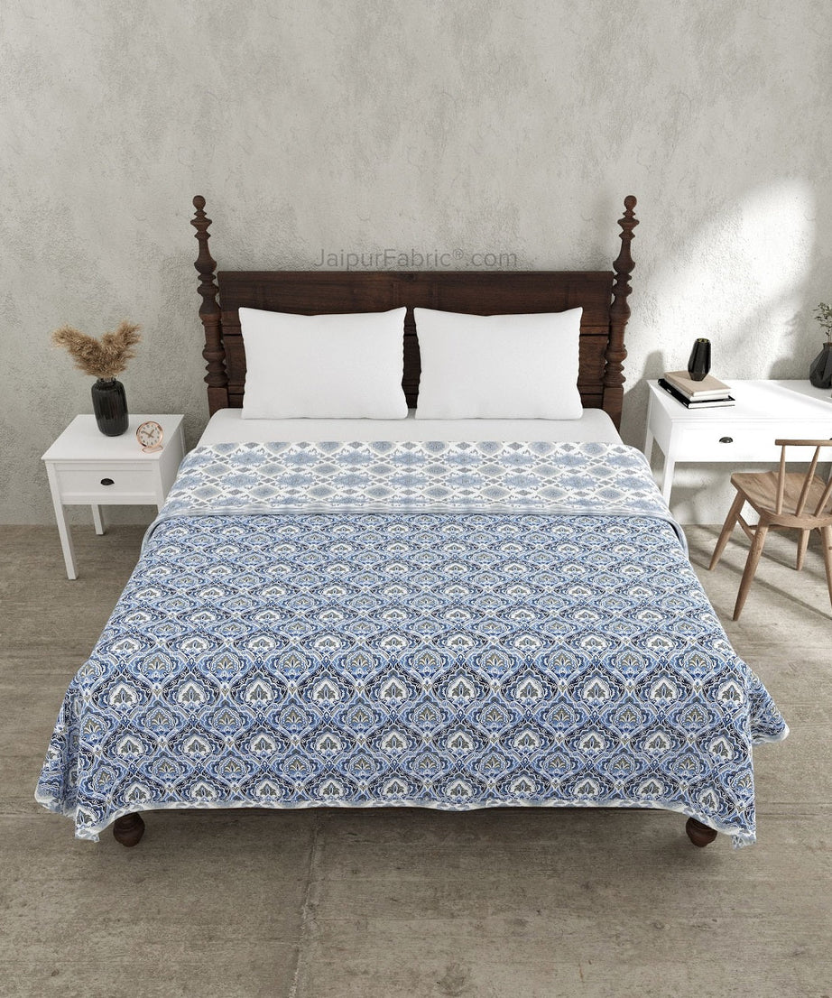 Ocean Whisper Blue and White Cotton Reversible Double Bed Dohar