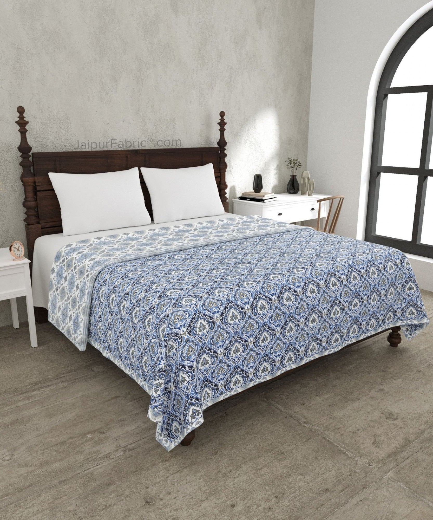 Ocean Whisper Blue and White Cotton Reversible Double Bed Dohar