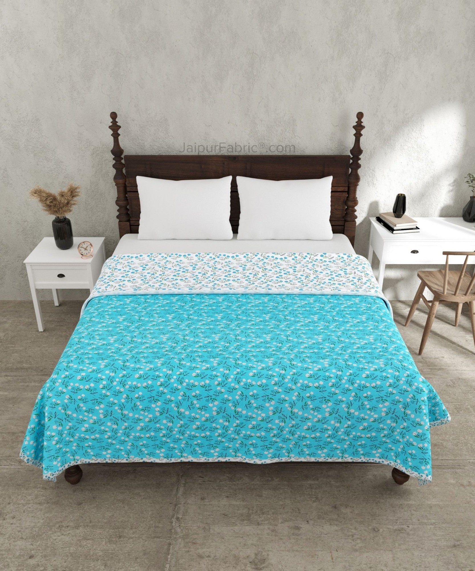 Marine Melody Sea Blue and White Cotton Reversible Double Bed Dohar