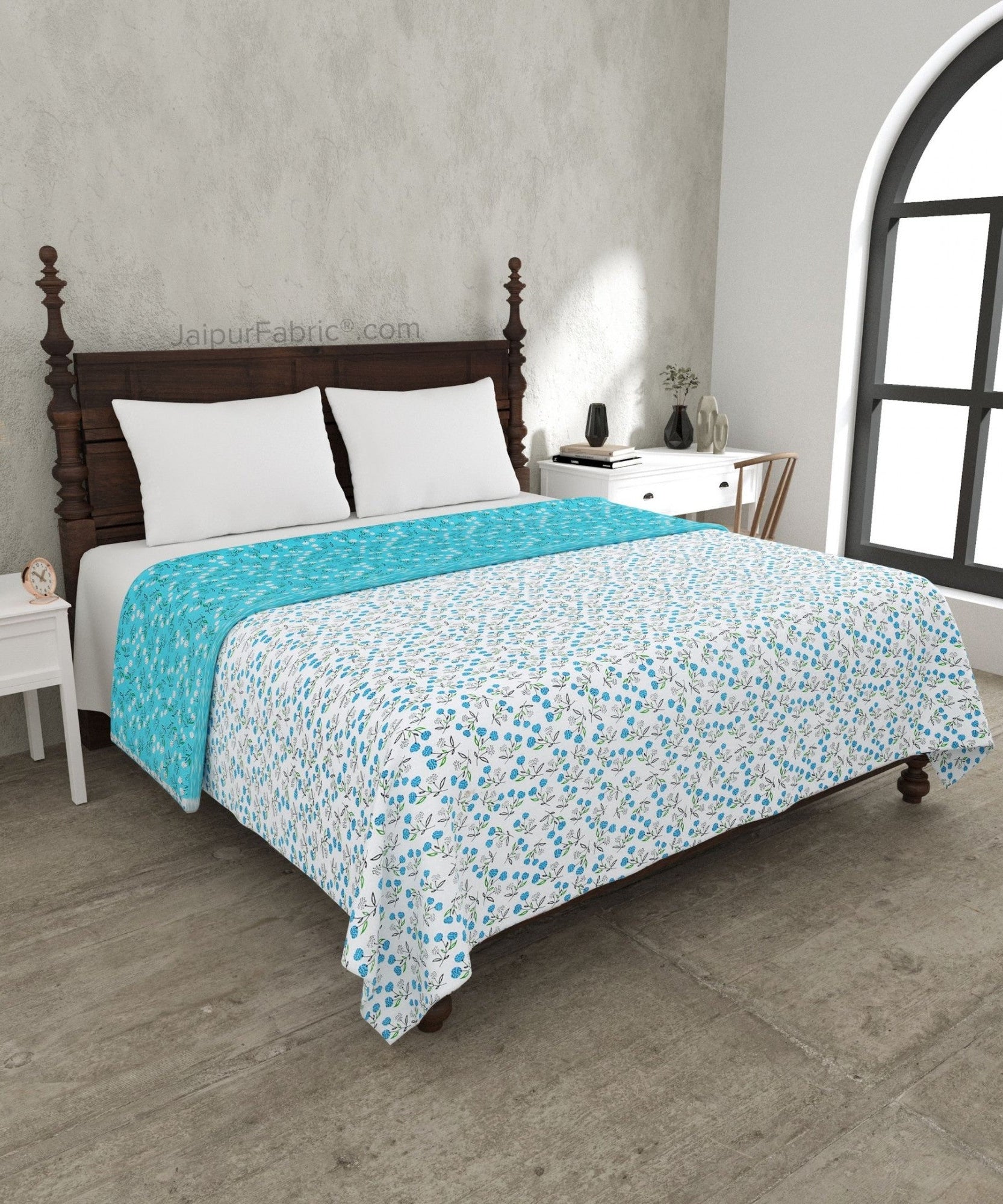 Marine Melody Sea Blue and White Cotton Reversible Double Bed Dohar