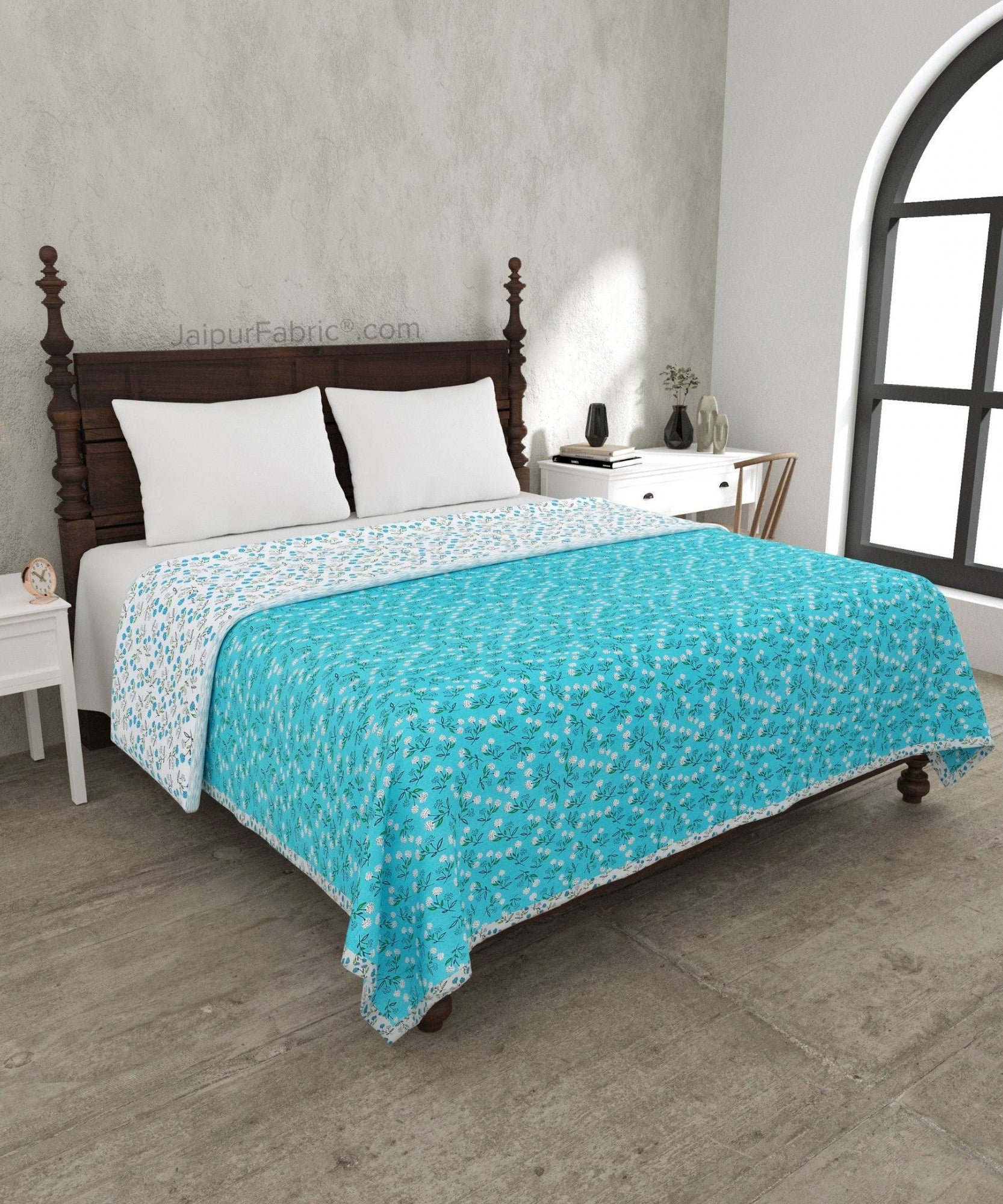Marine Melody Sea Blue and White Cotton Reversible Double Bed Dohar