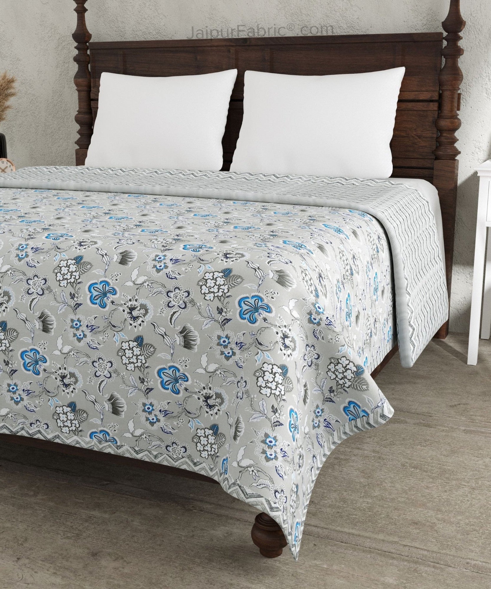 Silver Petals Grey Floral Cotton Reversible Double Bed Dohar