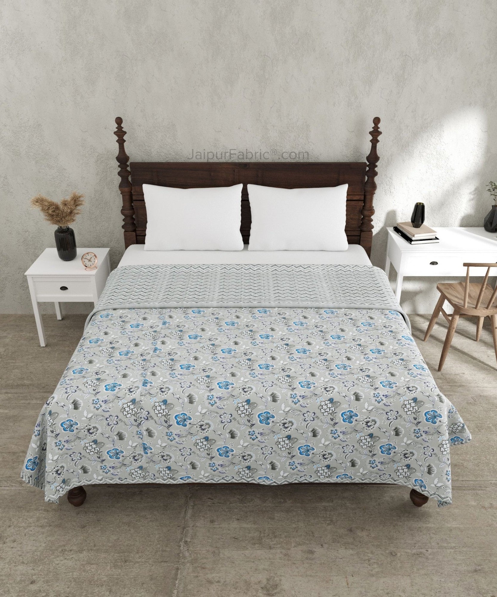Silver Petals Grey Floral Cotton Reversible Double Bed Dohar