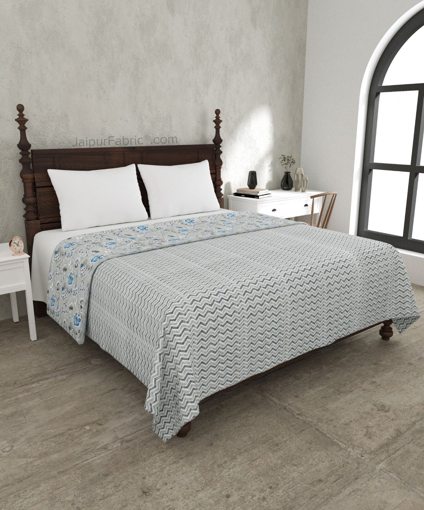 Silver Petals Grey Floral Cotton Reversible Double Bed Dohar
