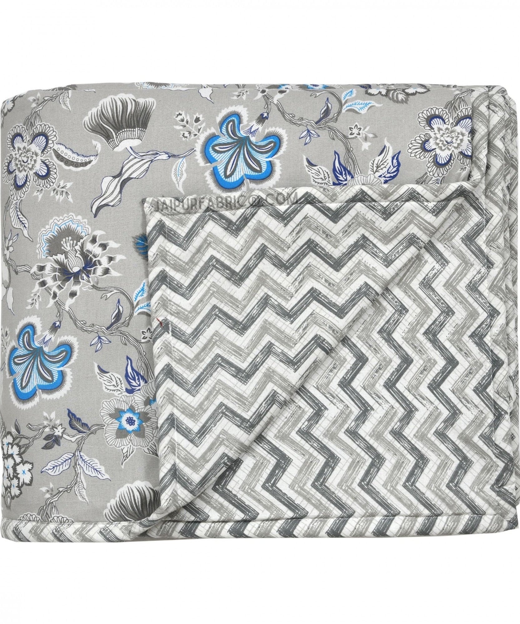 Silver Petals Grey Floral Cotton Reversible Double Bed Dohar