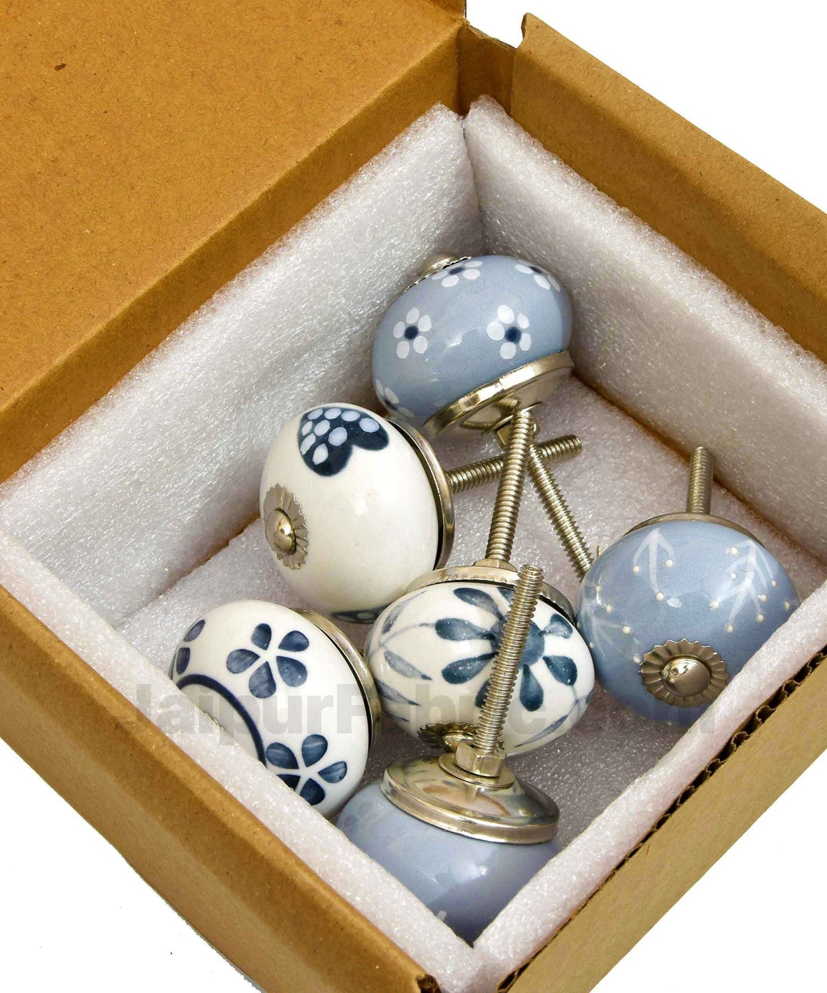 English Ceramic Knob Set of 6 Pcs Fabricated Knobs for Doors and Cabinets with Brass Blue Pottery