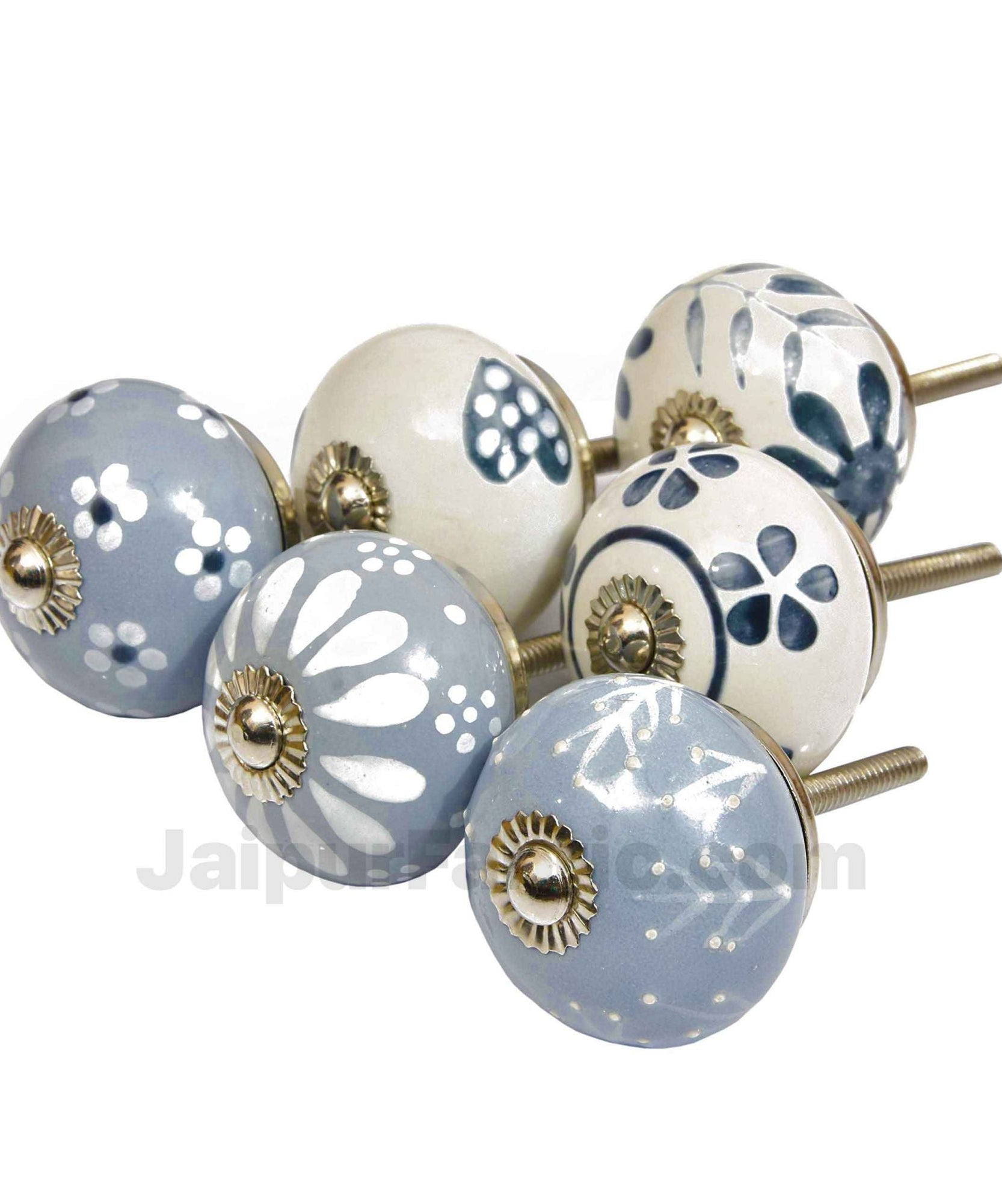 English Ceramic Knob Set of 6 Pcs Fabricated Knobs for Doors and Cabinets with Brass Blue Pottery