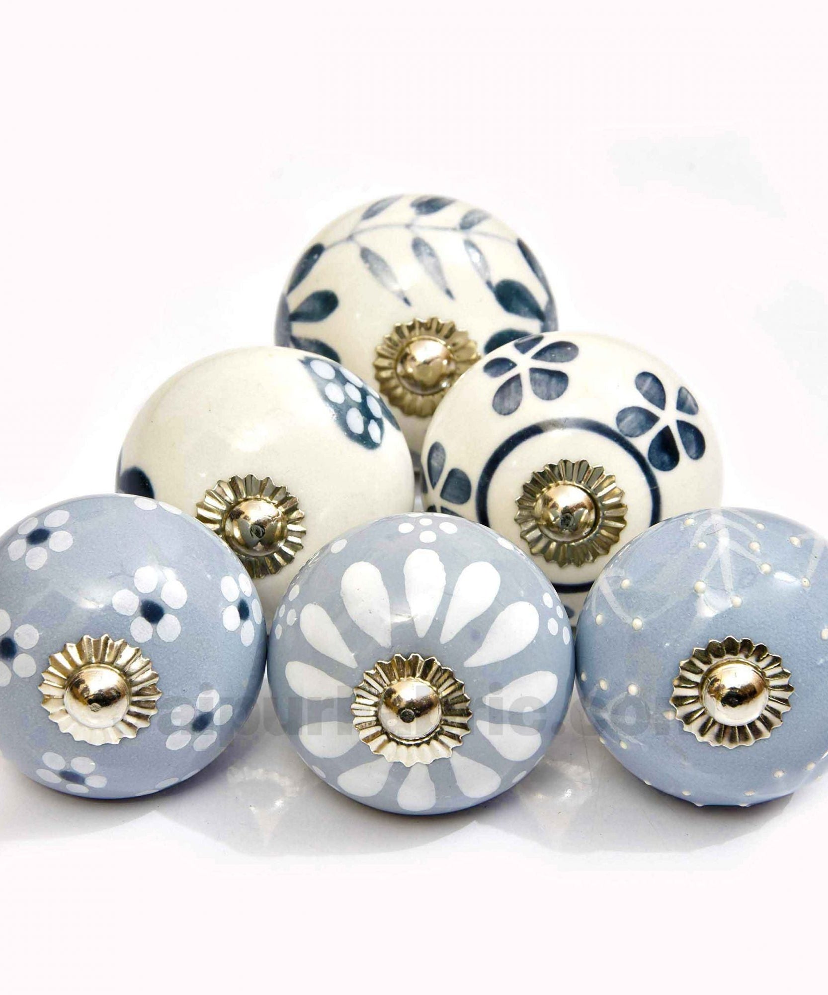 English Ceramic Knob Set of 6 Pcs Fabricated Knobs for Doors and Cabinets with Brass Blue Pottery