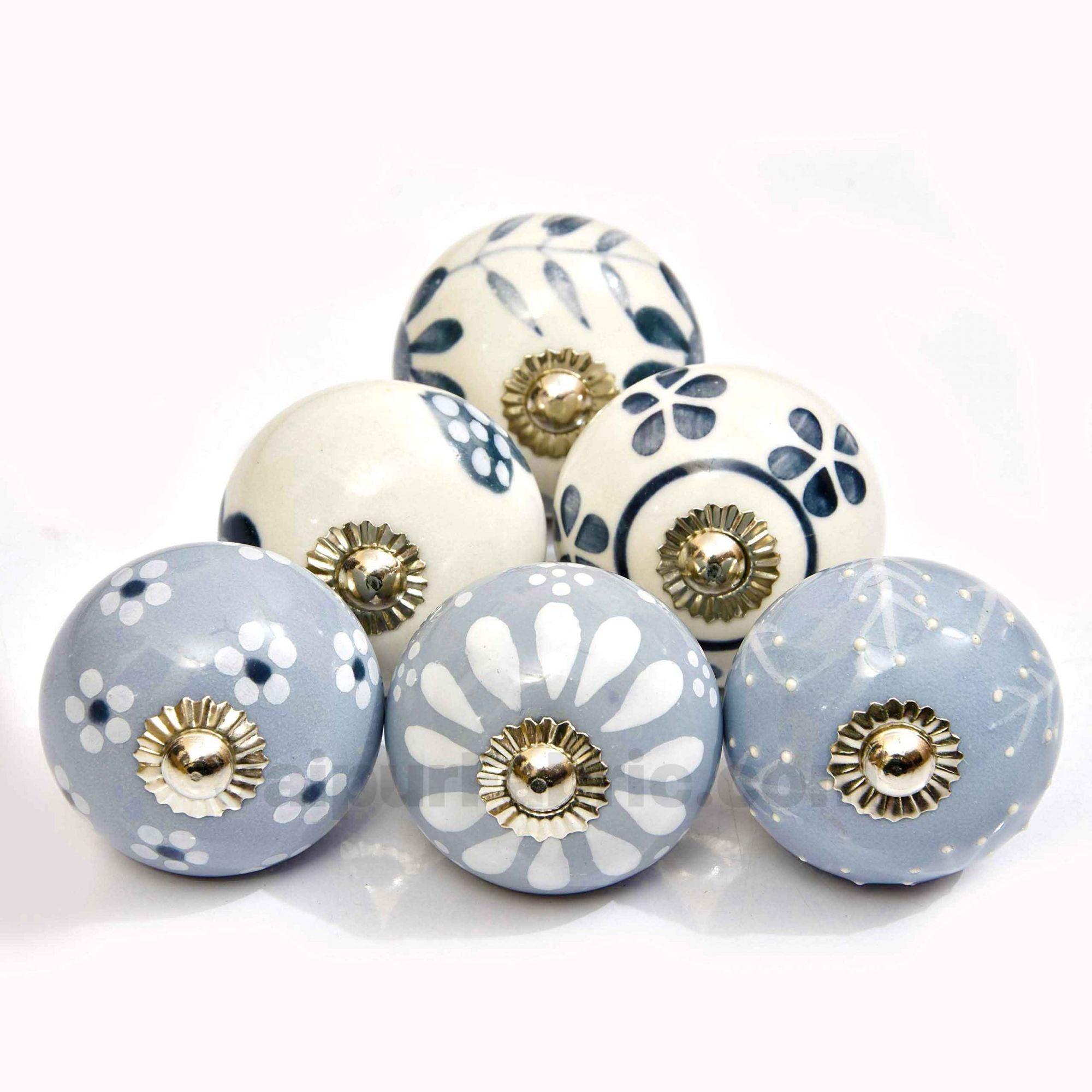 English Ceramic Knob Set of 6 Pcs Fabricated Knobs for Doors and Cabinets with Brass Blue Pottery
