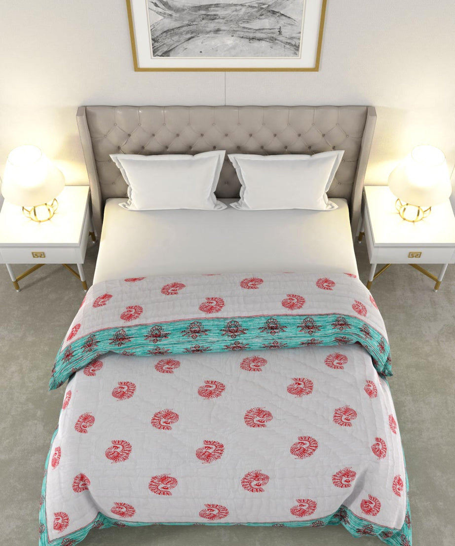 Peach Green Microfiber Fill Cotton Cover Double Bed Quilt