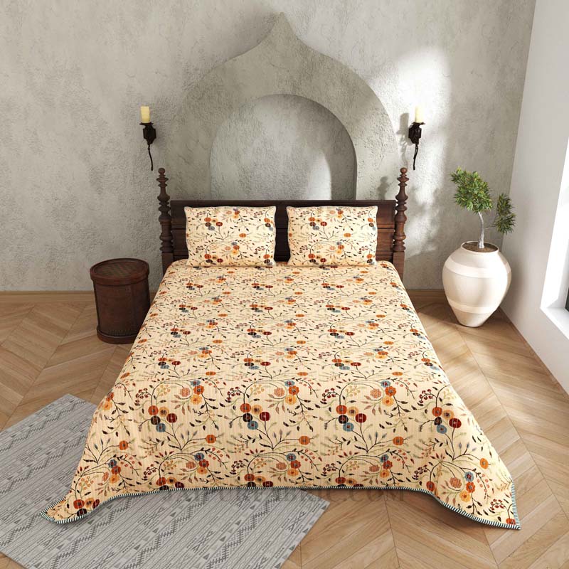 Tuned to Tradition Pure Cotton Reversible Quilted Bedcover with Pillowcases