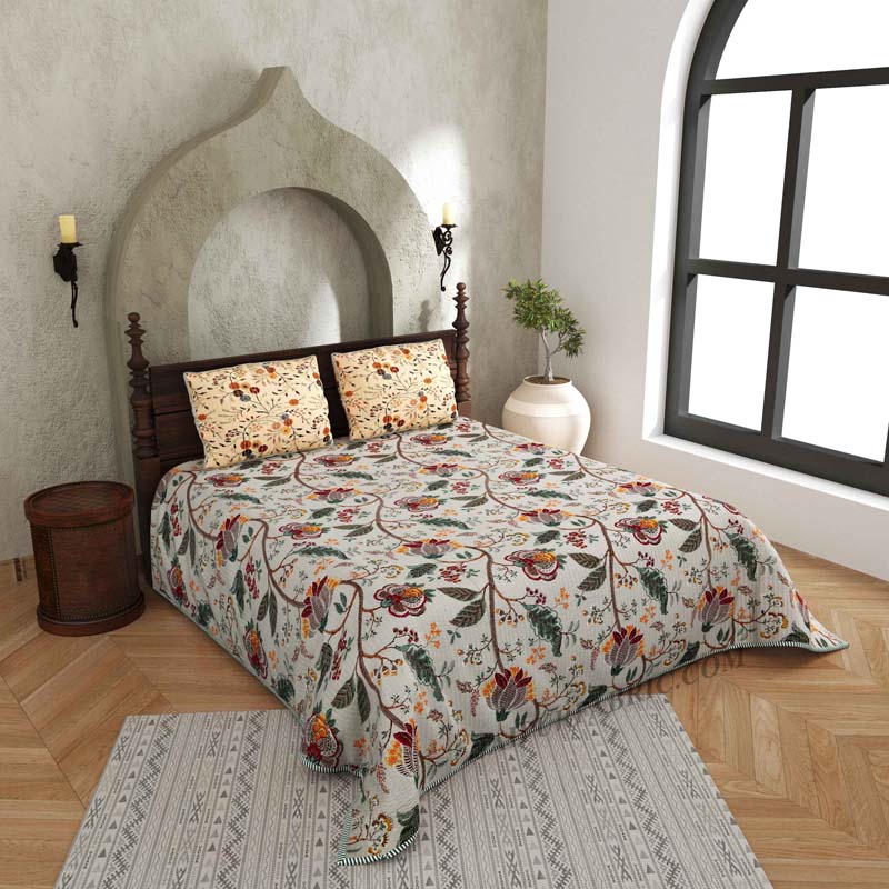Tuned to Tradition Pure Cotton Reversible Quilted Bedcover with Pillowcases