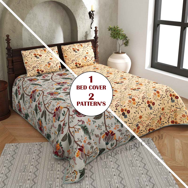 Tuned to Tradition Pure Cotton Reversible Quilted Bedcover with Pillowcases