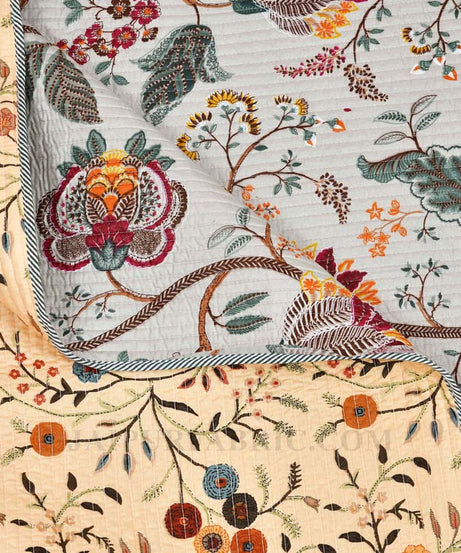 Tuned to Tradition Pure Cotton Reversible Quilted Bedcover with Pillowcases