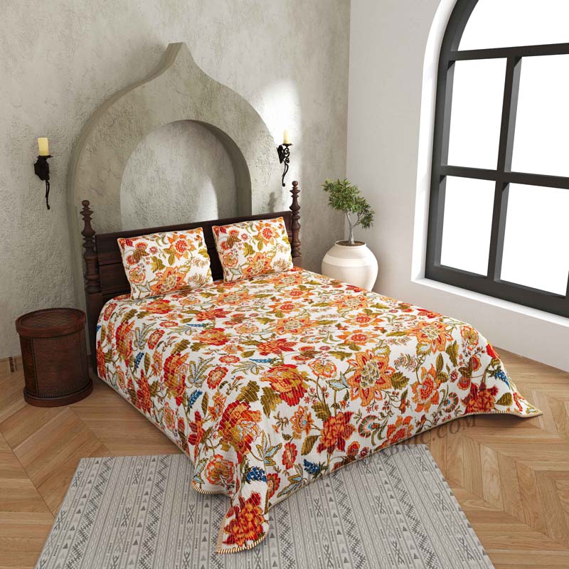 The Festive Grace Pure Cotton Reversible Quilted Bedcover with Pillowcases