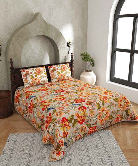 The Festive Grace Pure Cotton Reversible Quilted Bedcover with Pillowcases