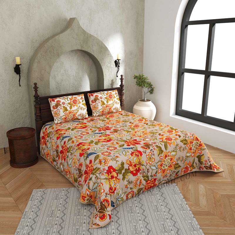 The Festive Grace Pure Cotton Reversible Quilted Bedcover with Pillowcases