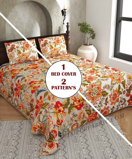 The Festive Grace Pure Cotton Reversible Quilted Bedcover with Pillowcases