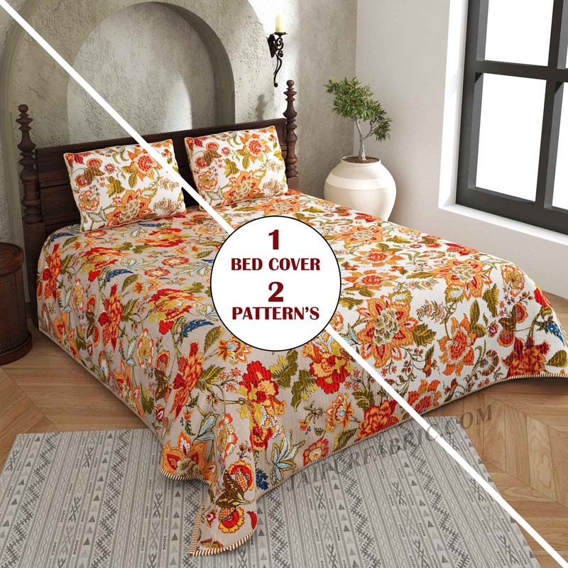 The Festive Grace Pure Cotton Reversible Quilted Bedcover with Pillowcases