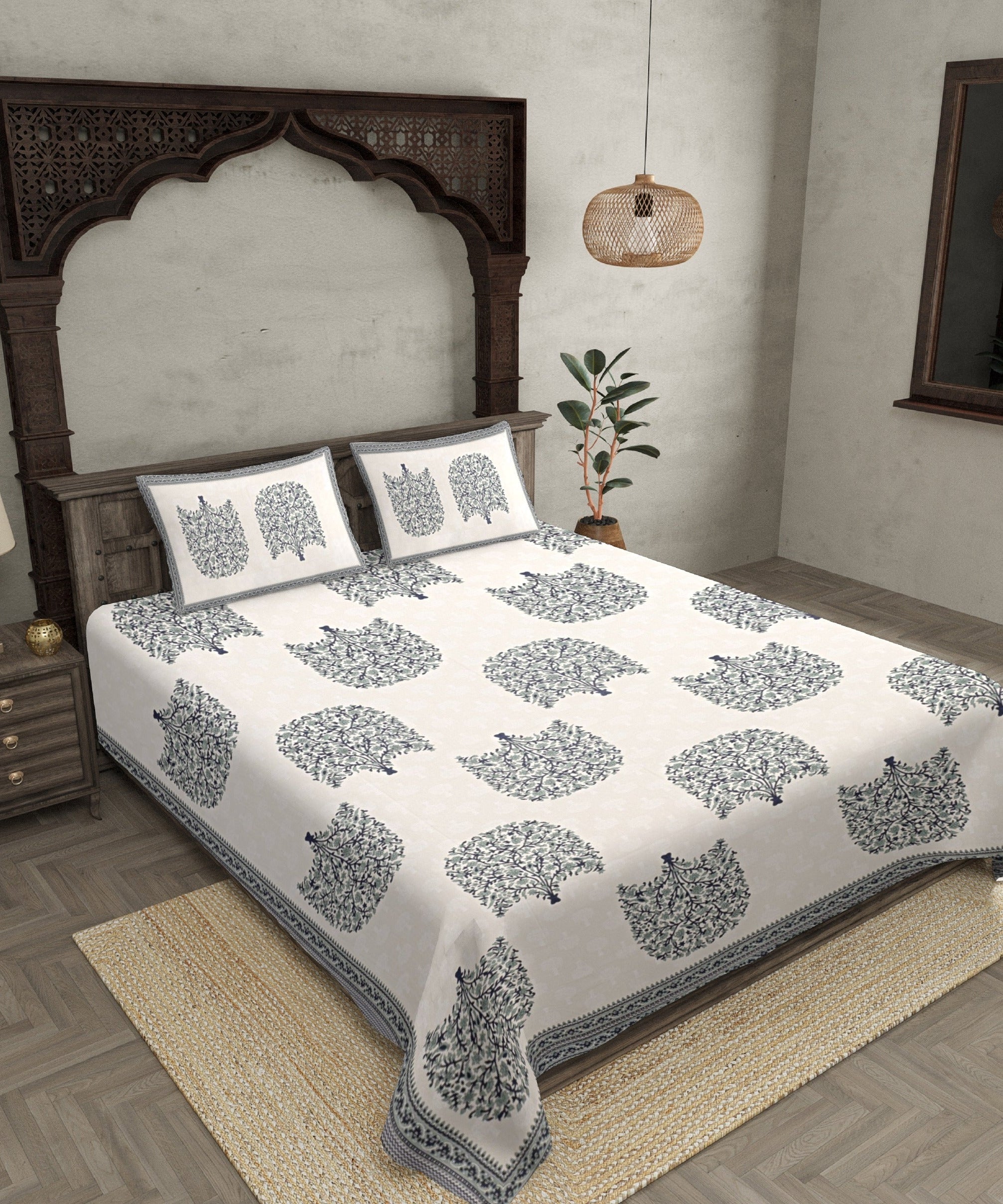 Double bedsheet Grey Small Tree Smooth Cotton Screen Print