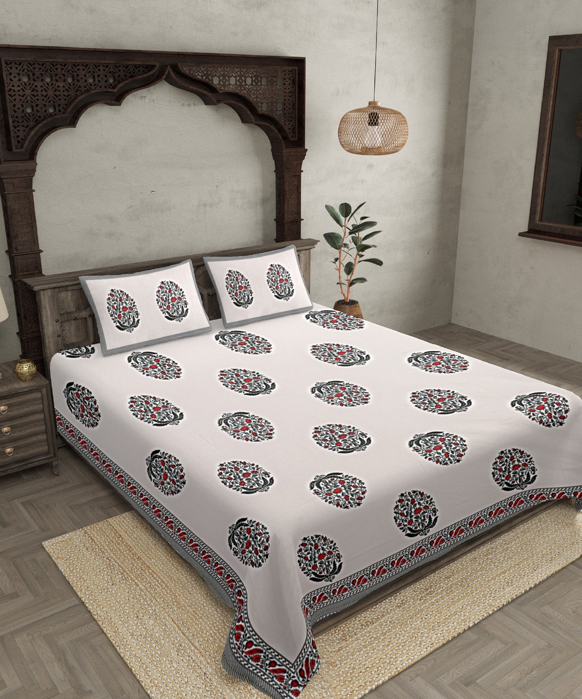 Double Bedsheet Grey  Border  Fine Cotton Red Floral   Print
