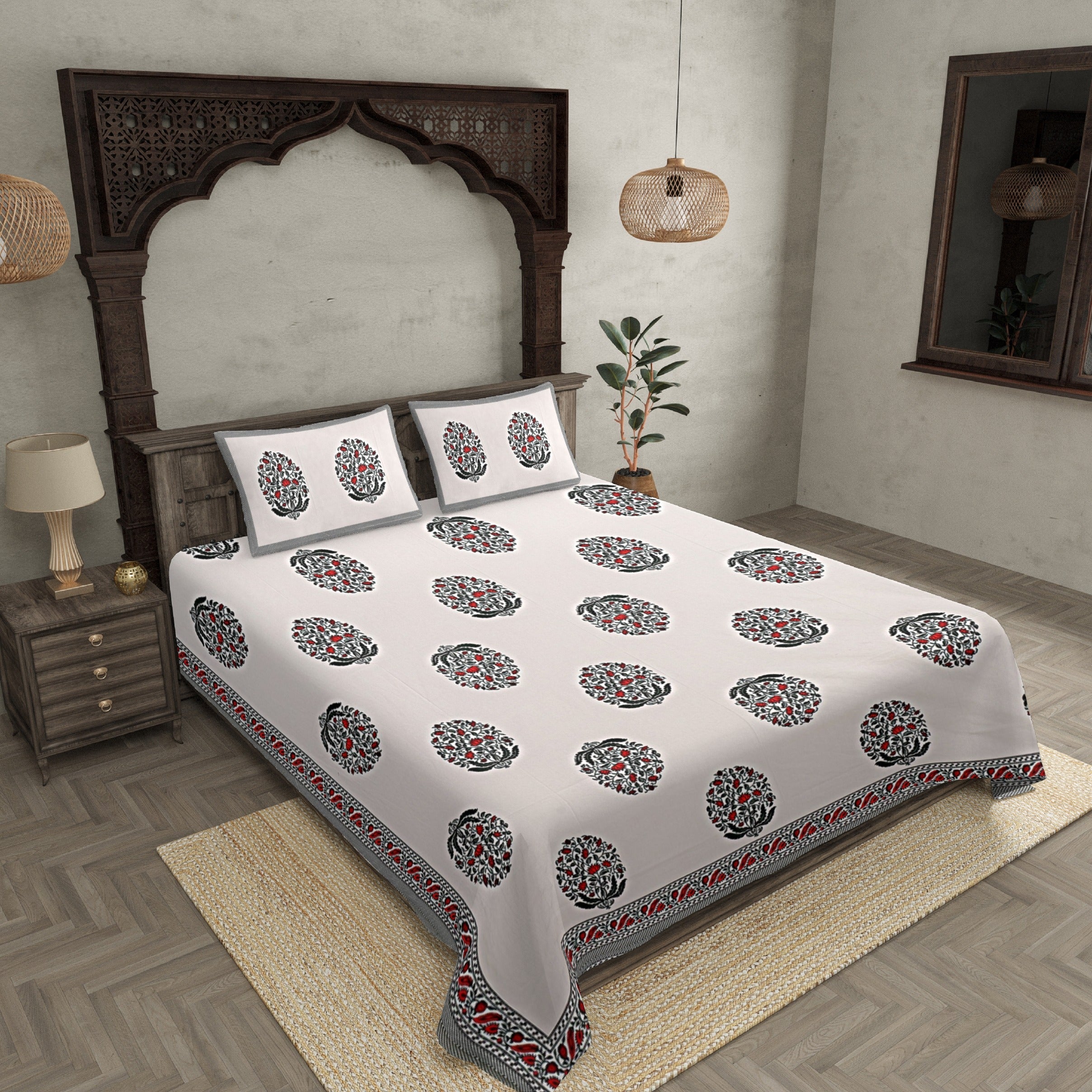 Double Bedsheet Grey  Border  Fine Cotton Red Floral   Print