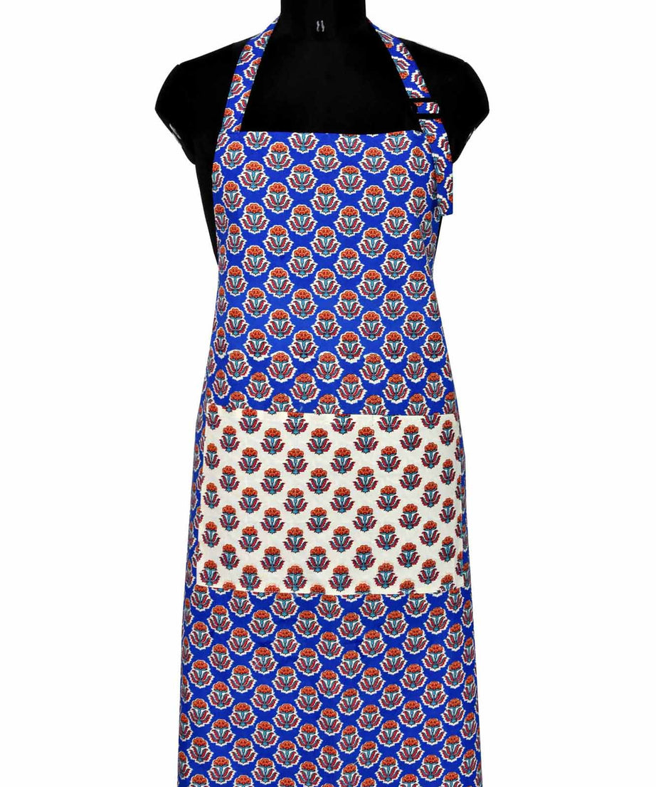 Bright blue flower bouquet print apron