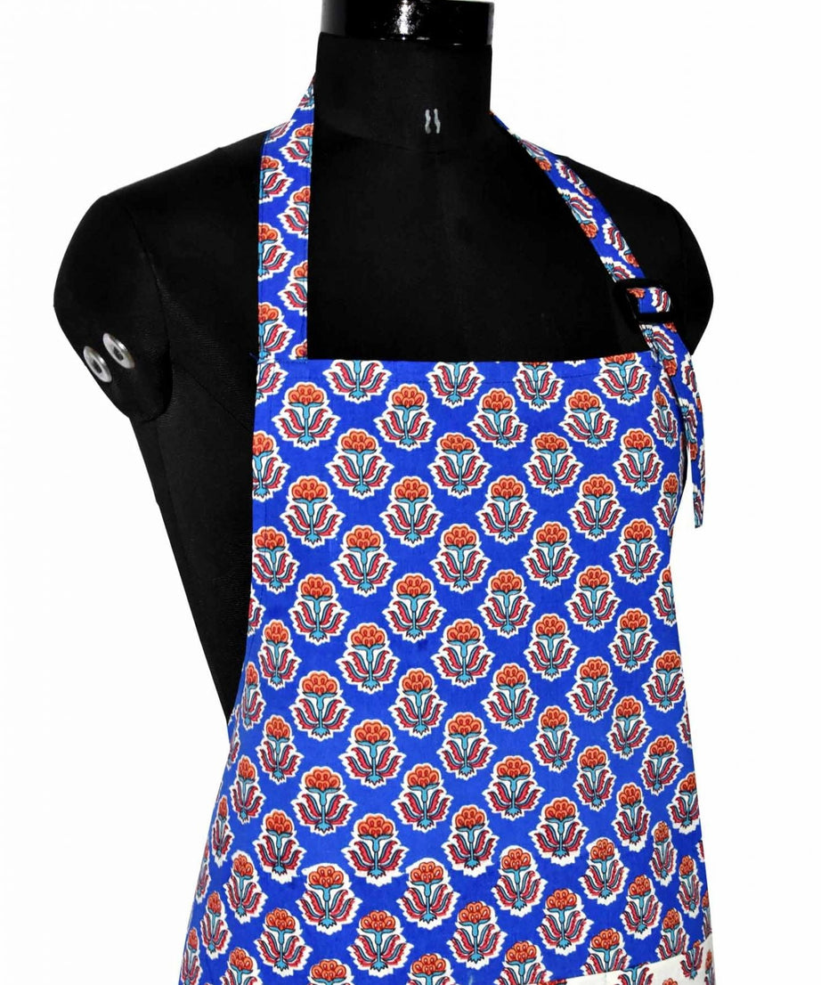 Bright blue flower bouquet print apron