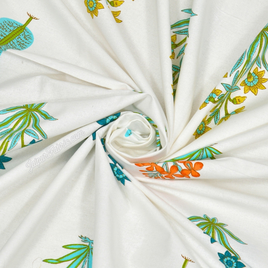 Jaipur Mela Hand Block Printed Sea Green Trees and Flowers King Size Bedsheet