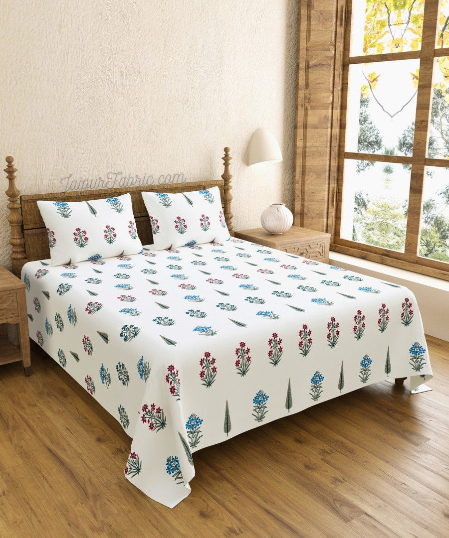 India Blocks of Red Blue Flowers Grey Leaves King Size Block Printed Bedsheet