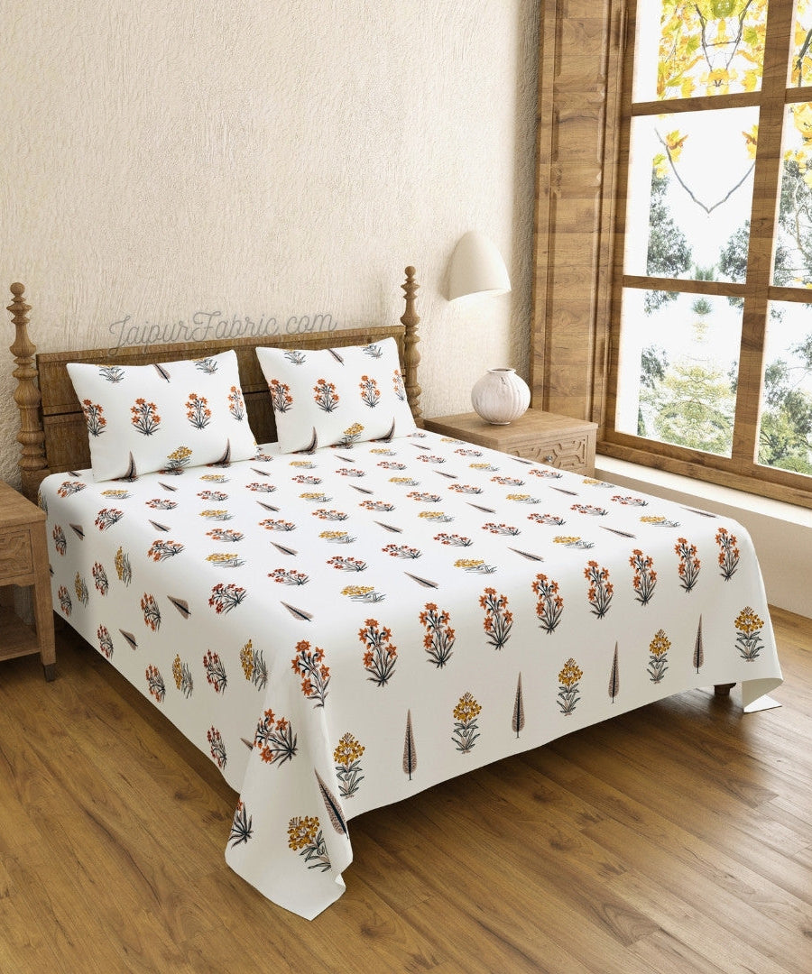 Pink Mustard Flowers Brown Leaves Jaipur Dharohar King Size Boota Print Bedsheet