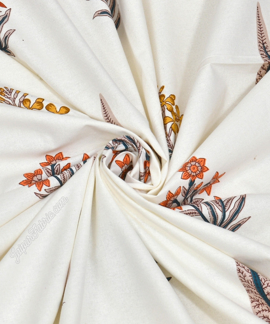 Pink Mustard Flowers Brown Leaves Jaipur Dharohar King Size Boota Print Bedsheet