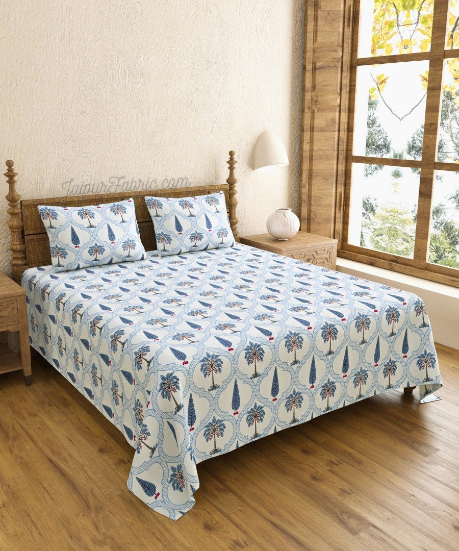 Jaipur Mela Hand Block Printed Blue Trees and Flowers King Size Bedsheet