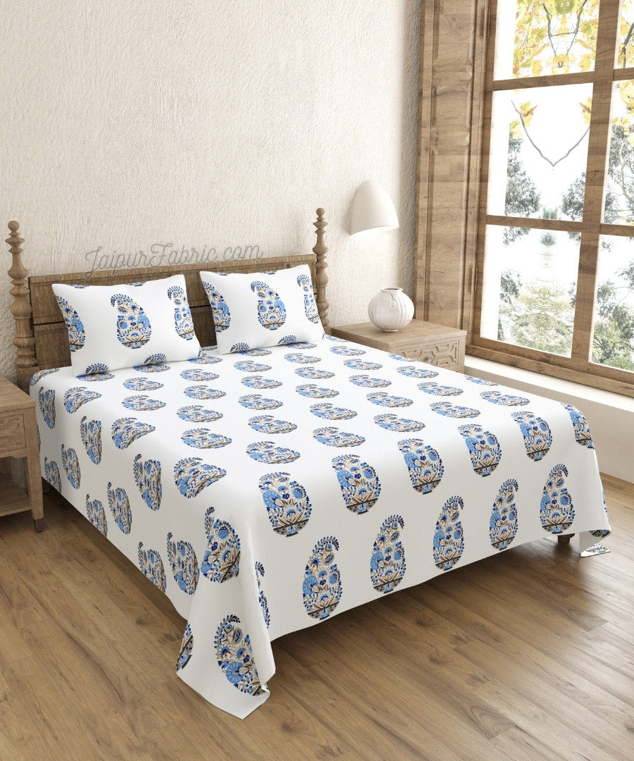 Floral Blue Indian Kairi Design Pinar Block Hand Block Printed King Size Bedsheet