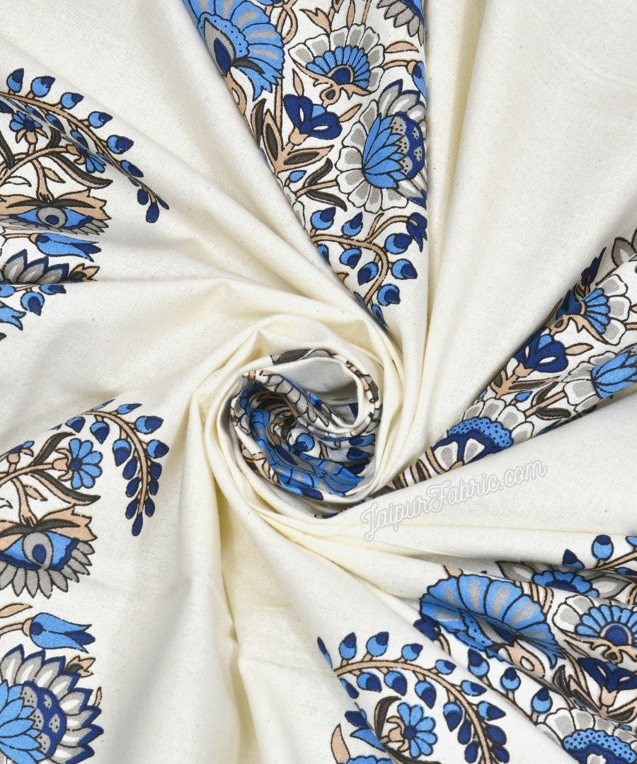 Floral Blue Indian Kairi Design Pinar Block Hand Block Printed King Size Bedsheet
