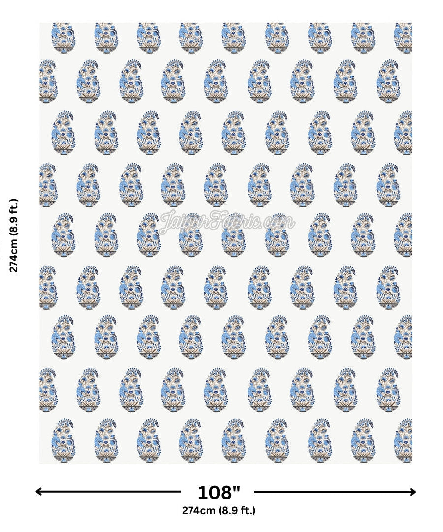 Floral Blue Indian Kairi Design Pinar Block Hand Block Printed King Size Bedsheet