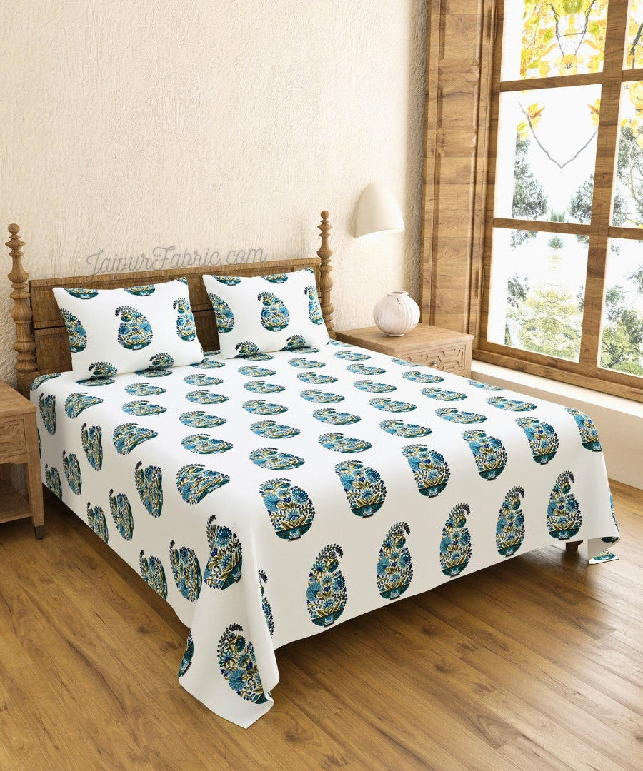 Padma Hand Block Floral Jaipuri Green Kairi Design King Size Bedsheet Crafted in India