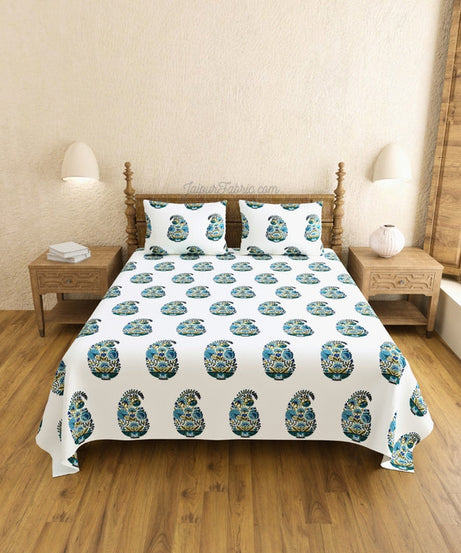 Hand Block Printed Floral Valley Indian Kairi Design King Size Bedsheet Combo of 3