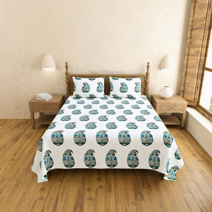 Hand Block Printed Floral Valley Indian Kairi Design King Size Bedsheet Combo of 3