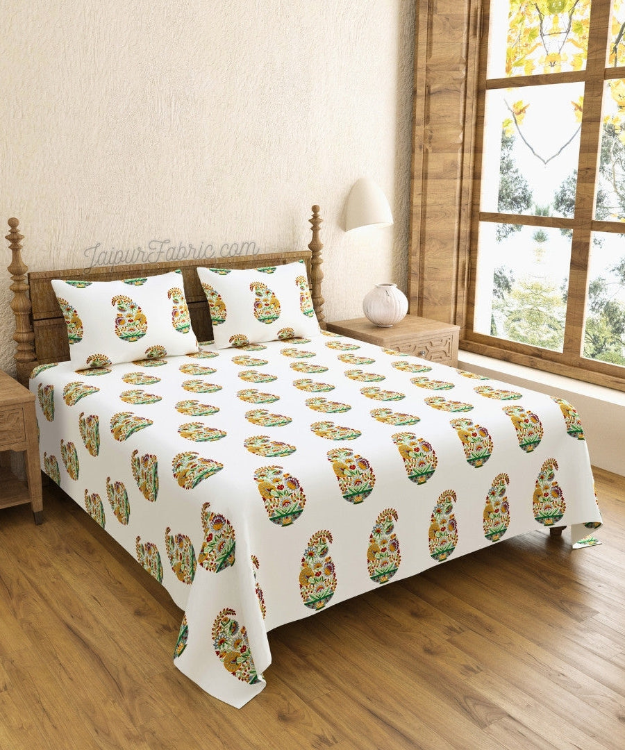 Hand Block Printed Bedsheet Floral Valley Bunai Pattern Indian Kairi Design King Size Bedsheet