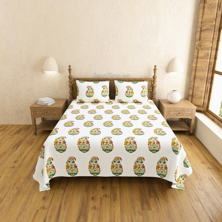 Hand Block Printed Floral Valley Indian Kairi Design King Size Bedsheet Combo of 3