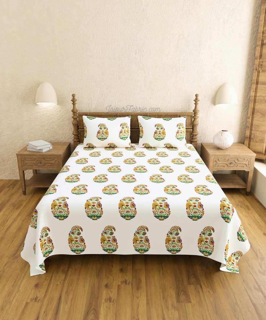 Hand Block Printed Bedsheet Floral Valley Bunai Pattern Indian Kairi Design King Size Bedsheet