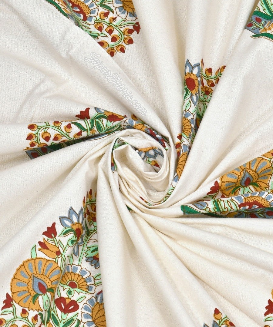 Hand Block Printed Bedsheet Floral Valley Bunai Pattern Indian Kairi Design King Size Bedsheet