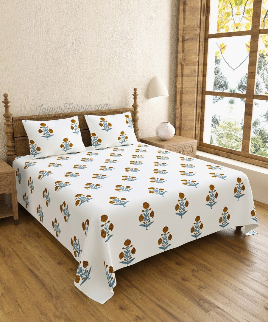 Classic Floral Boota Hand Block Printed Bedsheet with Marigold Flower and Grey Leaves