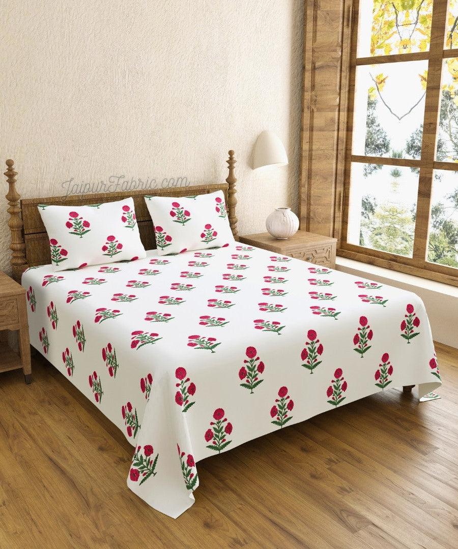Ocean Enclave Handblock Red Flowers and Green Leaves King Size Bedsheet