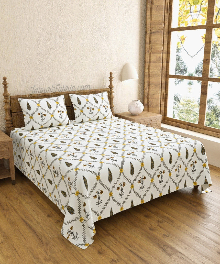 Beautiful Yellow & Grey Pookalam Floral Symphony Rihaa Handblock Printed King Size Bedsheet