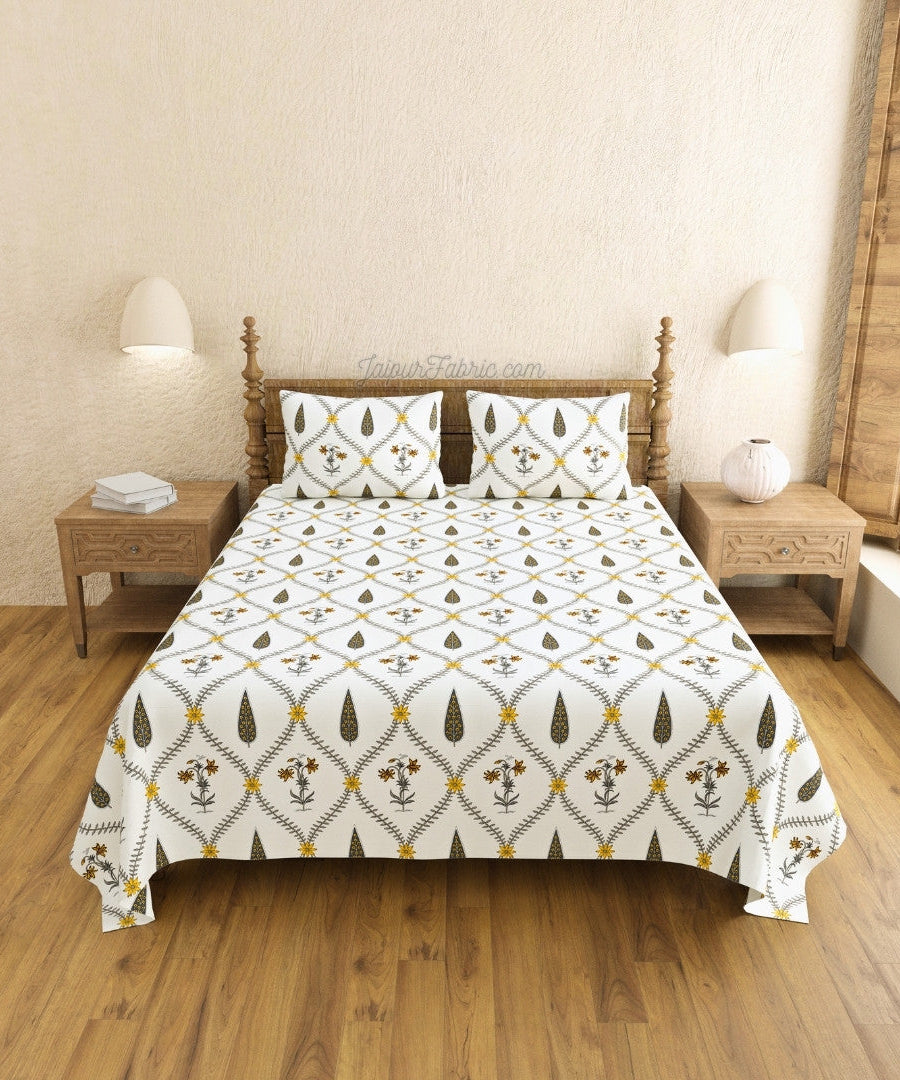 Beautiful Yellow & Grey Pookalam Floral Symphony Rihaa Handblock Printed King Size Bedsheet