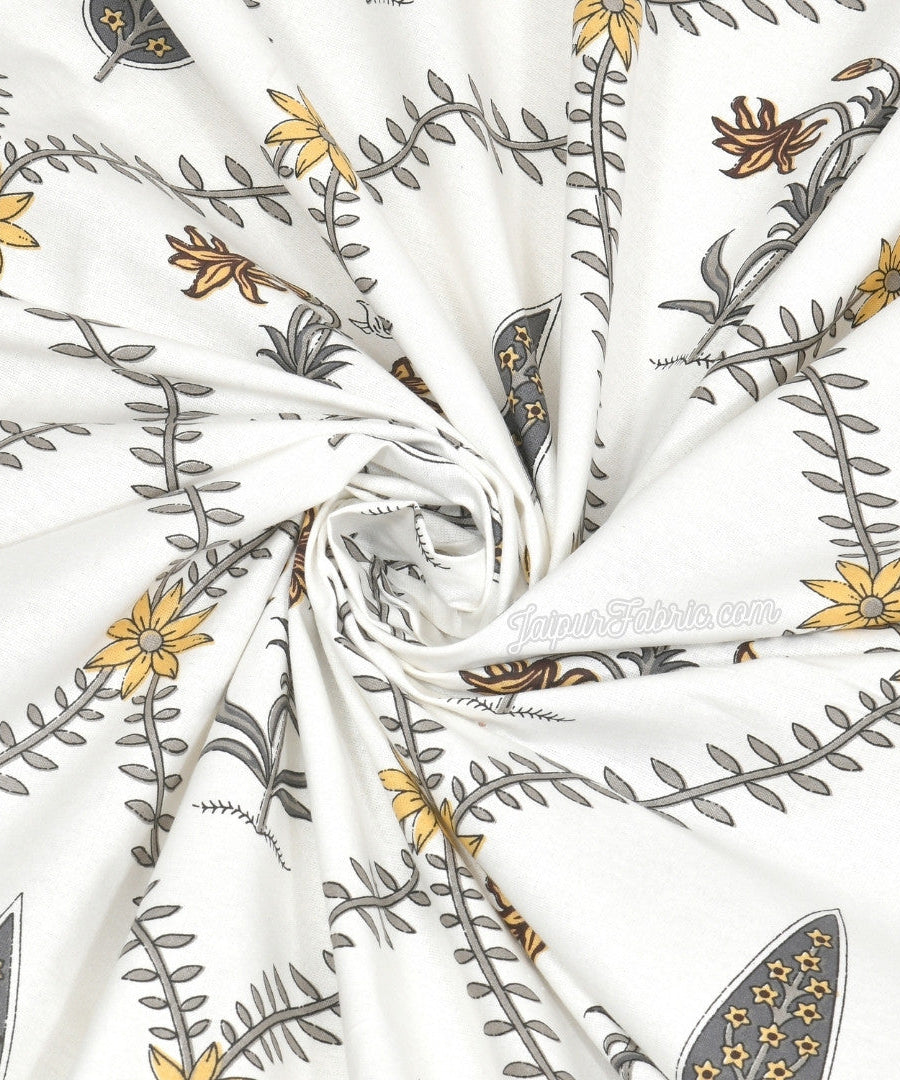 Beautiful Yellow & Grey Pookalam Floral Symphony Rihaa Handblock Printed King Size Bedsheet