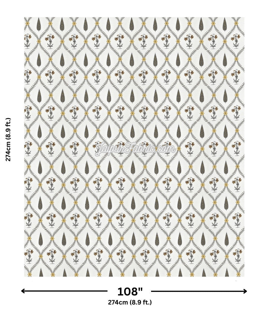 Beautiful Yellow & Grey Pookalam Floral Symphony Rihaa Handblock Printed King Size Bedsheet